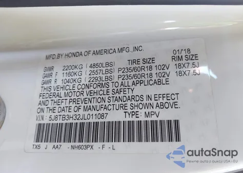 2018 Acura Rdx Acurawatch Plus Package z USA, uszkodzony, nr VIN 5J8TB3H32JL011087